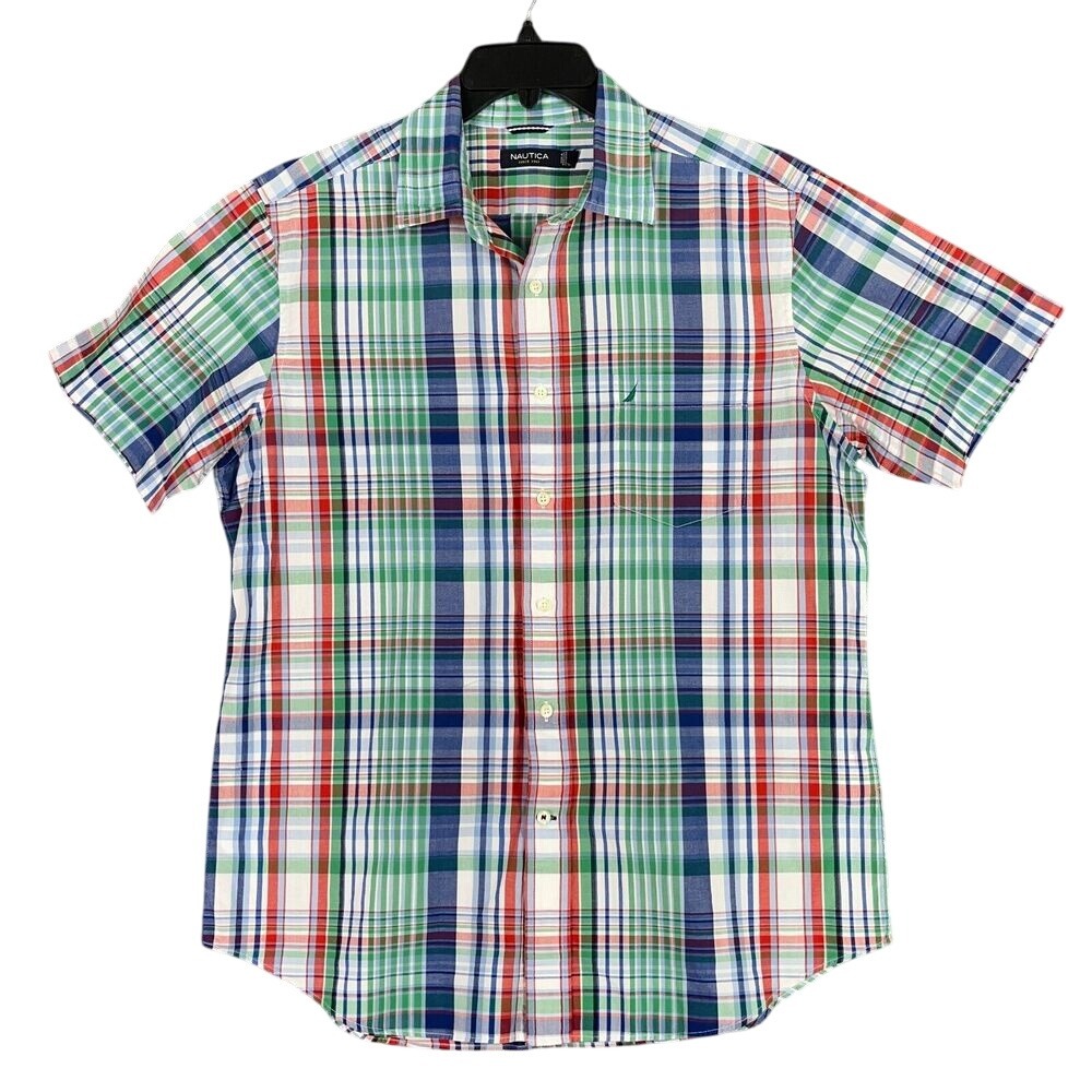 Nautica Men's Short Sleeve Plaid Button Up Shirt Red Green‎ Blue White Size L